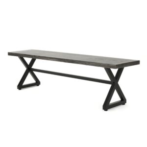 Romita Outdoor Dining Bench, X Shape Legs, Gray Metal, Black Steel, 63 Inch