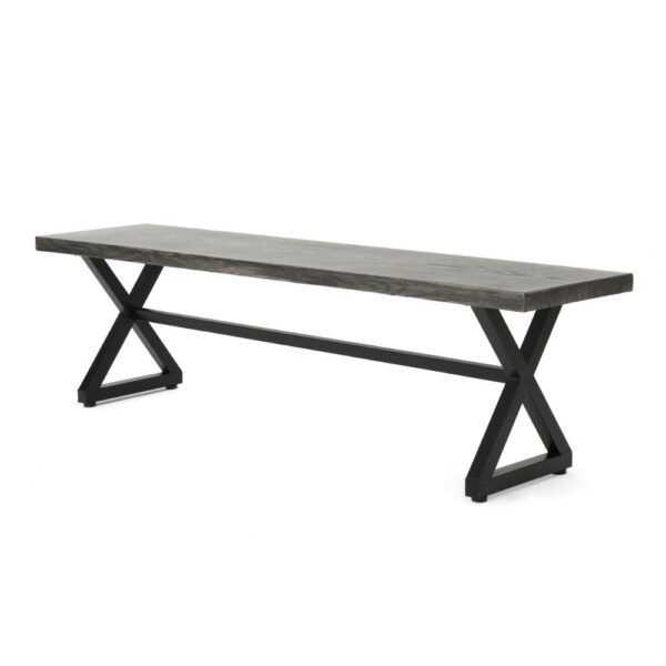 Romita Outdoor Dining Bench, X Shape Legs, Gray Metal, Black Steel, 63 Inch