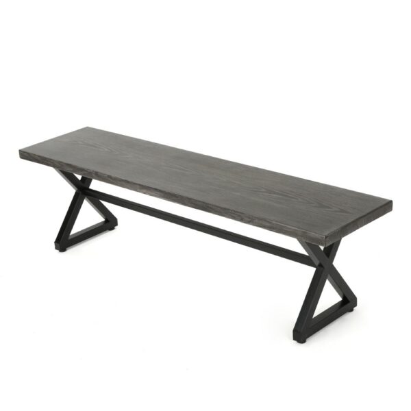 Romita Outdoor Dining Bench, X Shape Legs, Gray Metal, Black Steel, 63 Inch