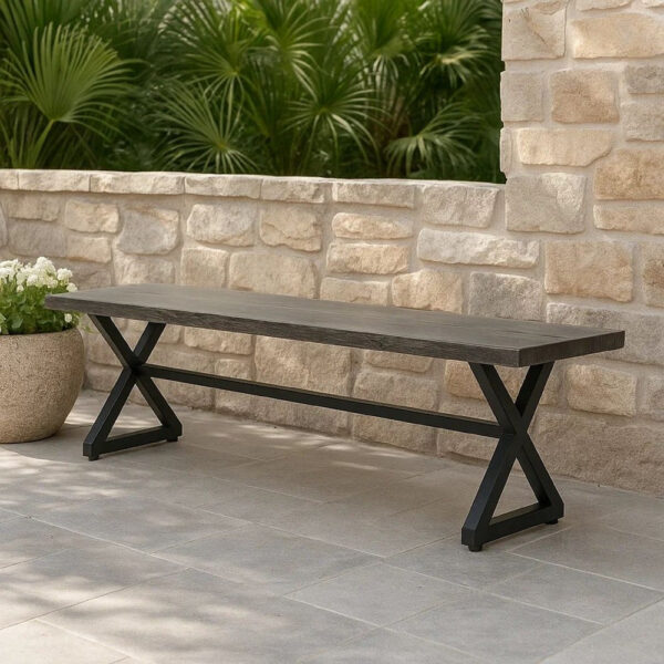 Romita Outdoor Dining Bench, X Shape Legs, Gray Metal, Black Steel, 63 Inch
