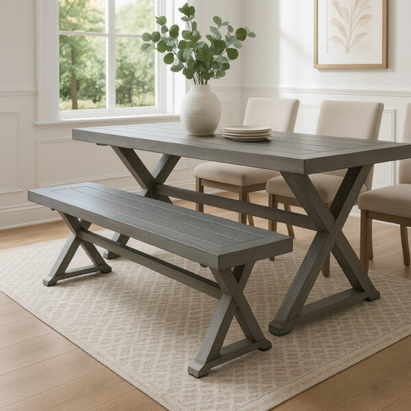 Jica Outdoor Dining Bench, X Shape Legs, Slatted Dark Gray Metal, 59 Inch