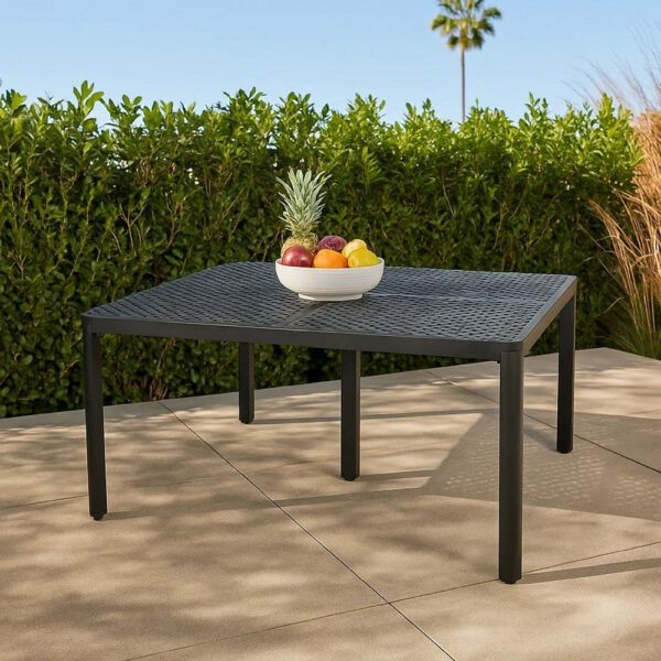 Riley Outdoor Dining Table, Square 61 Inch Matte Black Metal Lattice