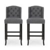 Seliva Barstool Chair Set of 2, Charcoal Gray, Tufted Back, Black Wood