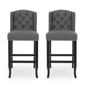 Seliva Barstool Chair Set of 2, Charcoal Gray, Tufted Back, Black Wood
