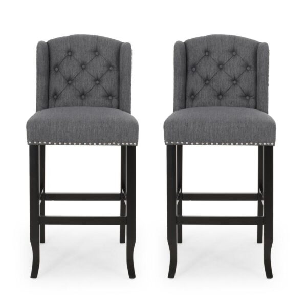 Seliva Barstool Chair Set of 2, Charcoal Gray, Tufted Back, Black Wood