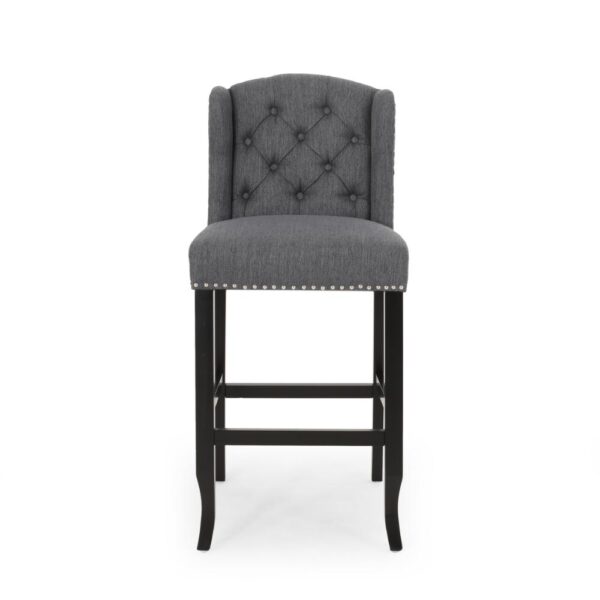 Seliva Barstool Chair Set of 2, Charcoal Gray, Tufted Back, Black Wood