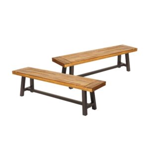 150220266991e955cf158.jpeg Leslee Outdoor Bench Set of 2, Light Brown Wood, Black Metal, 63 Inch
