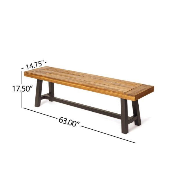 Leslee Outdoor Bench Set of 2, Light Brown Wood, Black Metal, 63 Inch