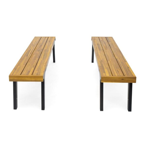 Sheldon Outdoor Bench Set of 2, Slat Panel, 63 Inch Brown Wood, Black