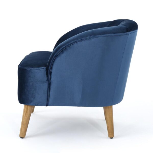150220266991e9a9c6932.jpeg Shale Accent Chair, Navy Blue Velvet, Curved Backrest, Brown Wood Legs