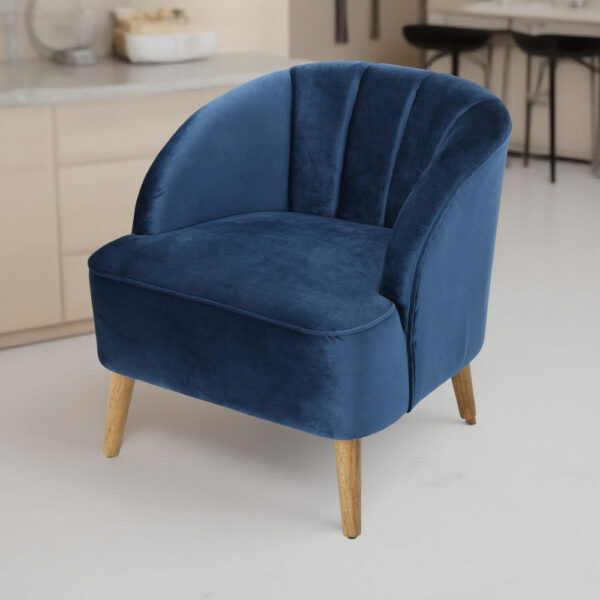 150220266991e9b1ac073.jpeg Shale Accent Chair, Navy Blue Velvet, Curved Backrest, Brown Wood Legs