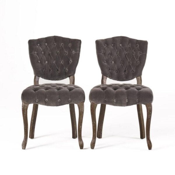 Jette Dining Chair Set of 2, Charcoal Gray Tufted Velvet, Brown Wood