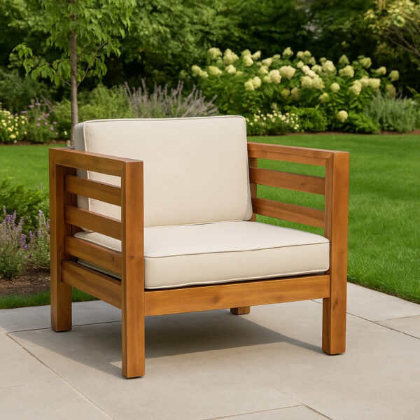 Carie Outdoor Accent Chair, Beige, Soft Cushions, Brown Acacia Wood