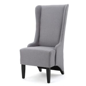 Becca Dining Chair, High Wingback Brown Birch Wood, Light Gray Fabric