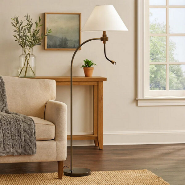 150220266991ea5e060ff.jpeg Ashy 68 Inch Floor Lamp, Gooseneck LED, White Shade, Brass Arc Pole