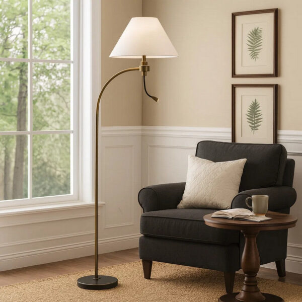 150220266991ea6067ac7.jpeg Ashy 68 Inch Floor Lamp, Gooseneck LED, White Shade, Brass Arc Pole