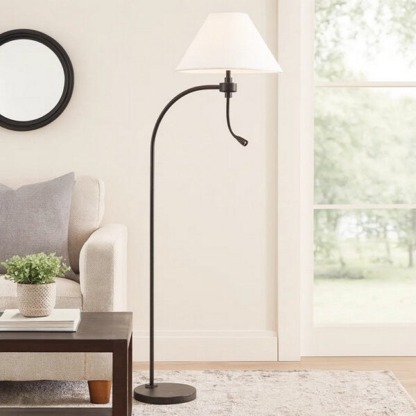 150220266991ea70326ae.jpeg Ashy 68 Inch Floor Lamp, Gooseneck LED, White Shade, Black Arc Pole
