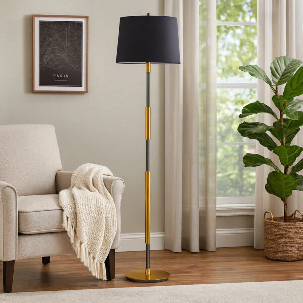150220266991ea85ed6c0.jpeg Siu 60 Inch Floor Lamp, Gold Metal Pole w Finial Tip, Black Shade
