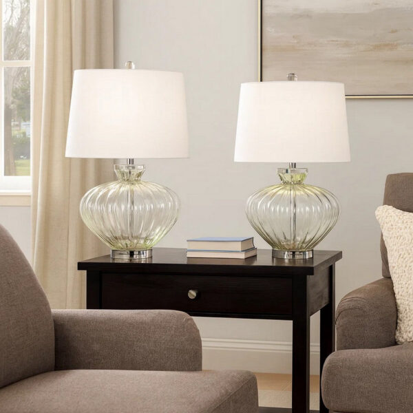 150220266991ea9fcc72e.jpeg 23 Inch Table Lamp Set of 2, Round Crystal Base, White Fabric Shade