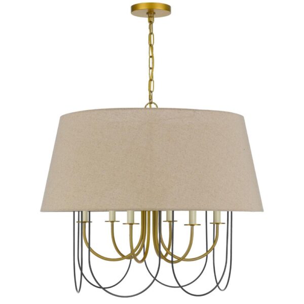 Pomy 28 Inch Chandelier, Hardback Burlap Shade, Gold Black Metal