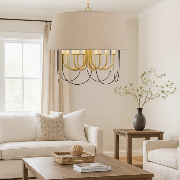 Pomy 28 Inch Chandelier, Hardback Burlap Shade, Gold Black Metal