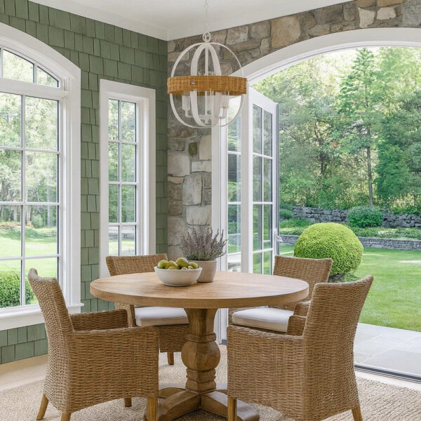 150220266991eb0c5a738.jpeg Baty Chandelier, 3 Light Rustic Rattan, Round White Metal 18 Inch