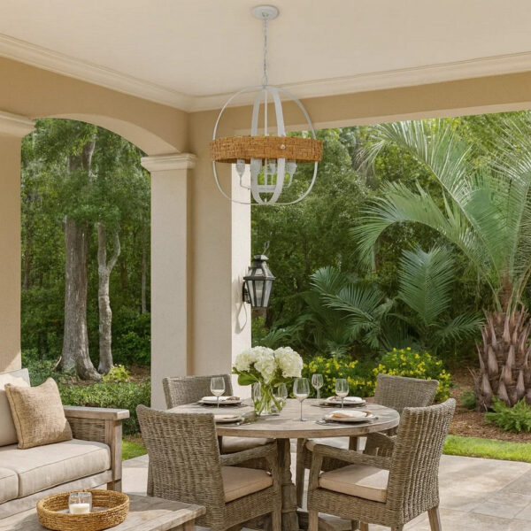 150220266991eb22f0762.jpeg Baty Chandelier, 4 Light Rustic Rattan Round, White Metal 21 Inch