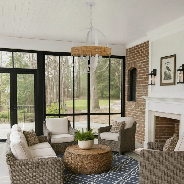 150220266991eb264149d.jpeg Baty Chandelier, 4 Light Rustic Rattan Round, White Metal 21 Inch