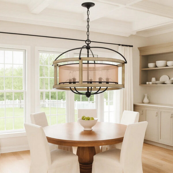 150220266991ebc0ed76e.jpeg Acia 26 Inch Chandelier, Classic Round Organza Shade Wood, Metal