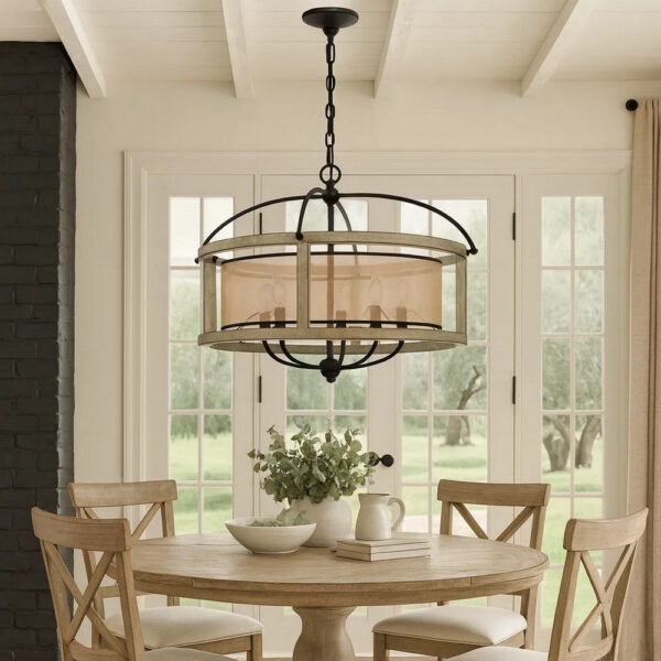 150220266991ebc3b5c7d.jpeg Acia 26 Inch Chandelier, Classic Round Organza Shade Wood, Metal
