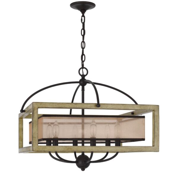 Acia 24 Inch Chandelier, Square Organza Shade, Wood, Metal
