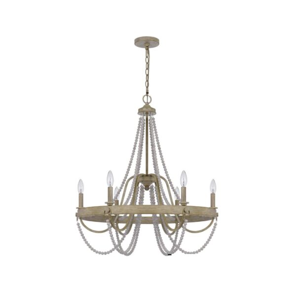 150220266991ebd9e75b4.jpeg Maci 28 Inch Chandelier, White Beaded Candelabra Design, Brown Wood