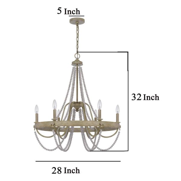 150220266991ebe49701f.jpeg Maci 28 Inch Chandelier, White Beaded Candelabra Design, Brown Wood