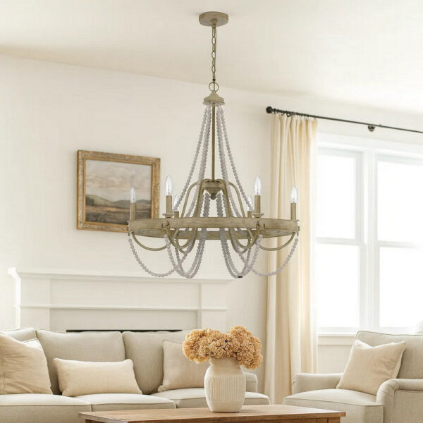 150220266991ebe750a31.jpeg Maci 28 Inch Chandelier, White Beaded Candelabra Design, Brown Wood