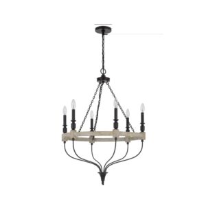 Omy 26 Inch Chandelier, Distressed Wood Wheel Candelabra Design, Black