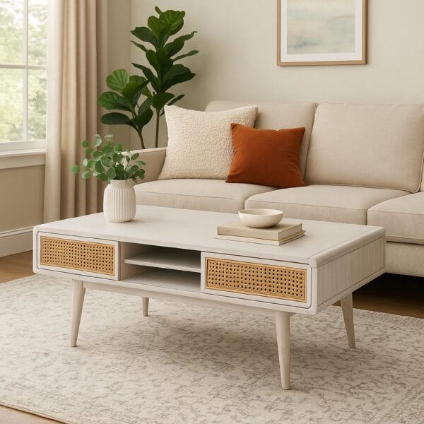 150220266991ec28c29eb.jpeg Camy Coffee Table, Brown Cane Woven Doors, Open Shelf, White 48 Inch