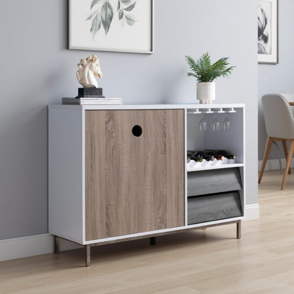 Wine Cabinet, 2 Drawers, Stemware and Bottle Rack, White Brown Gray