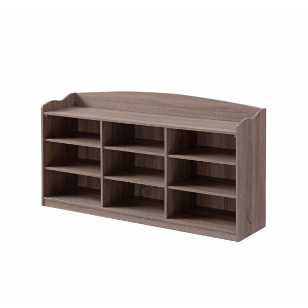 Hale Shoe Bench, 48 Inch Top, 9 Open Compartments, Taupe Brown Finish