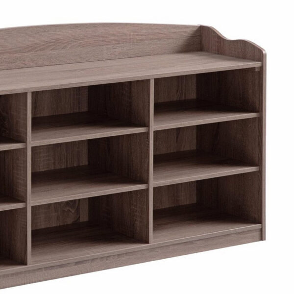 Hale Shoe Bench, 48 Inch Top, 9 Open Compartments, Taupe Brown Finish