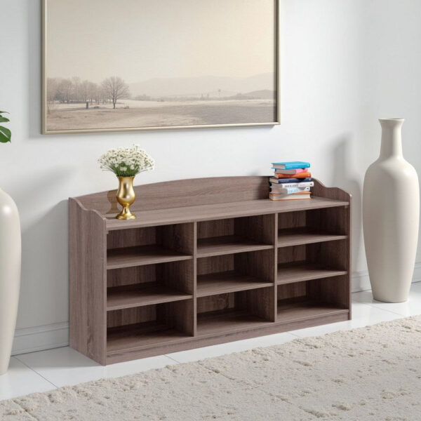 Hale Shoe Bench, 48 Inch Top, 9 Open Compartments, Taupe Brown Finish