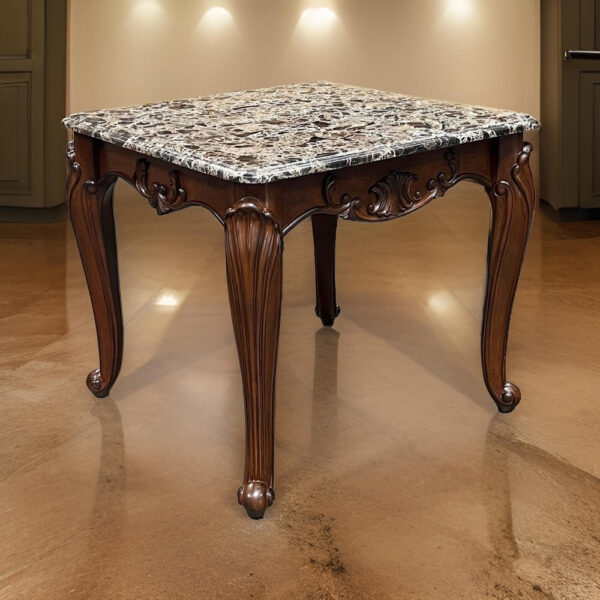 Aliya Side End Table, Rectangular 28 Inch Marble, Cherry Brown Wood