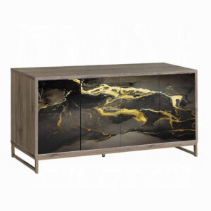 Loila Sideboard Console Cabinet, Black Marble Look, Brown Wood 65 Inch