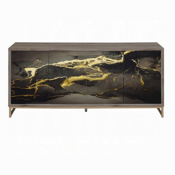Loila Sideboard Console Cabinet, Black Marble Look, Brown Wood 65 Inch