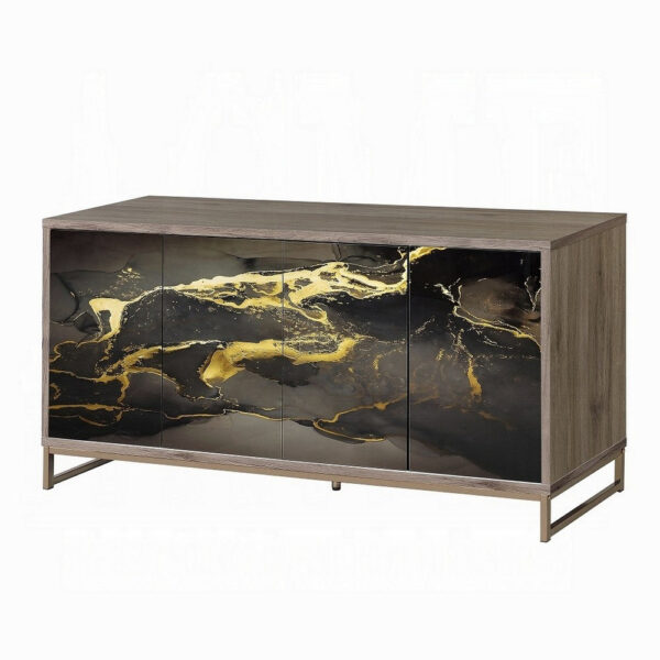 Loila Sideboard Console Cabinet, Black Marble Look, Brown Wood 65 Inch