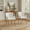Willy Side Chair Set of 2, White Boucle, Soft Padding, Brown Wood Legs