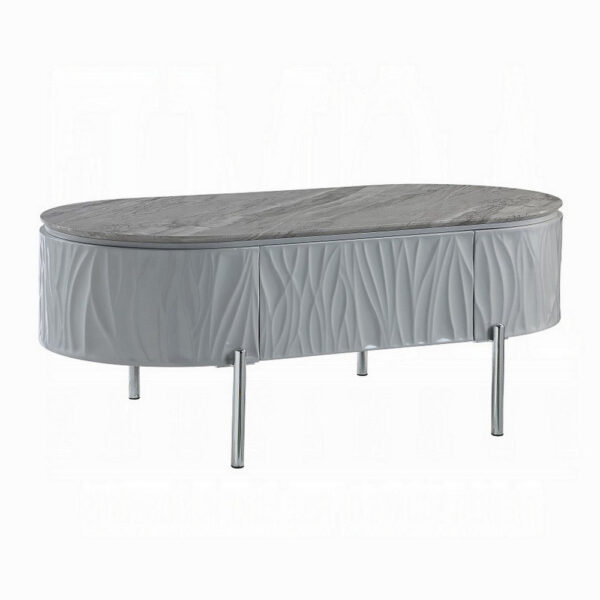 Doug Coffee Table, Gray High Gloss, Chrome Metal, Gray Wood, 47 Inch