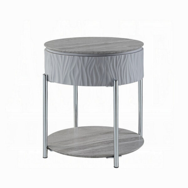 Doug Side End Table, 22 Inch Gray High Gloss Wood, Chrome Metal Finish