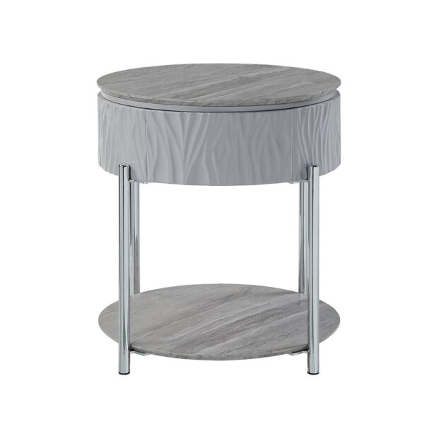 Doug Side End Table, 22 Inch Gray High Gloss Wood, Chrome Metal Finish