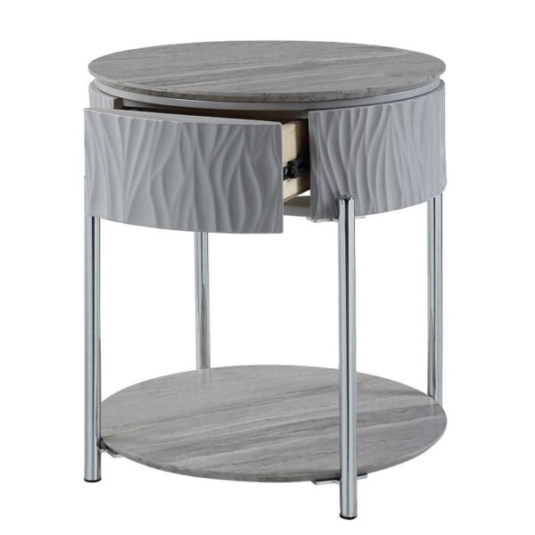 Doug Side End Table, 22 Inch Gray High Gloss Wood, Chrome Metal Finish