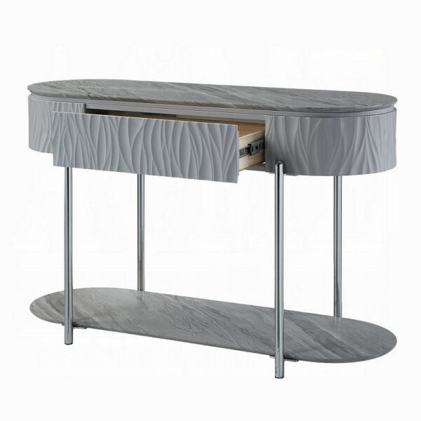 Doug Sofa Table, Gray High Gloss Wood, Drawers, Chrome Metal, 47 Inch